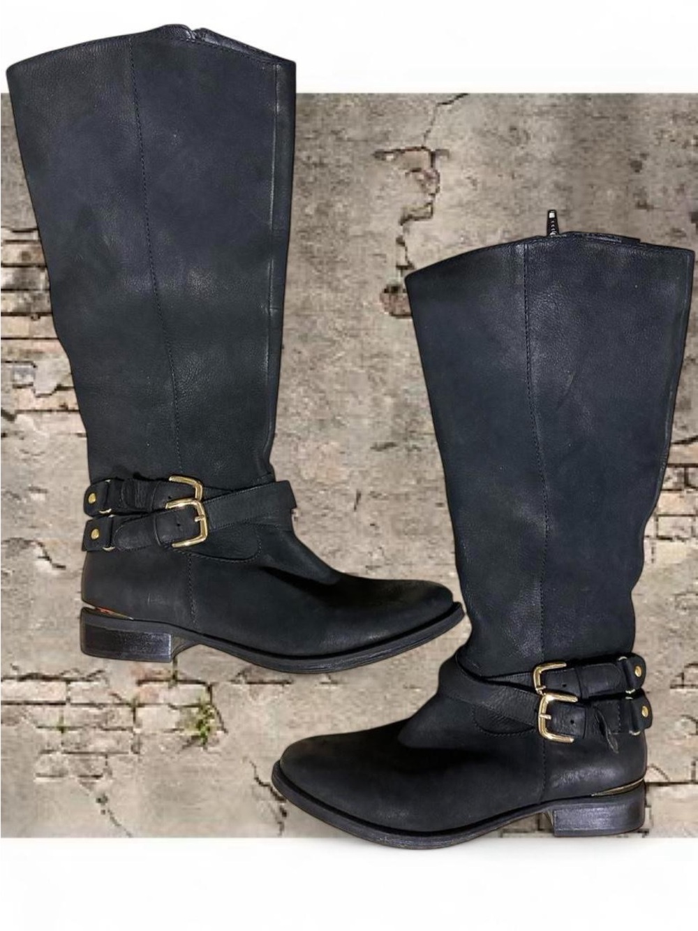 Black gold Buckle knee high moto biker Riding Boots